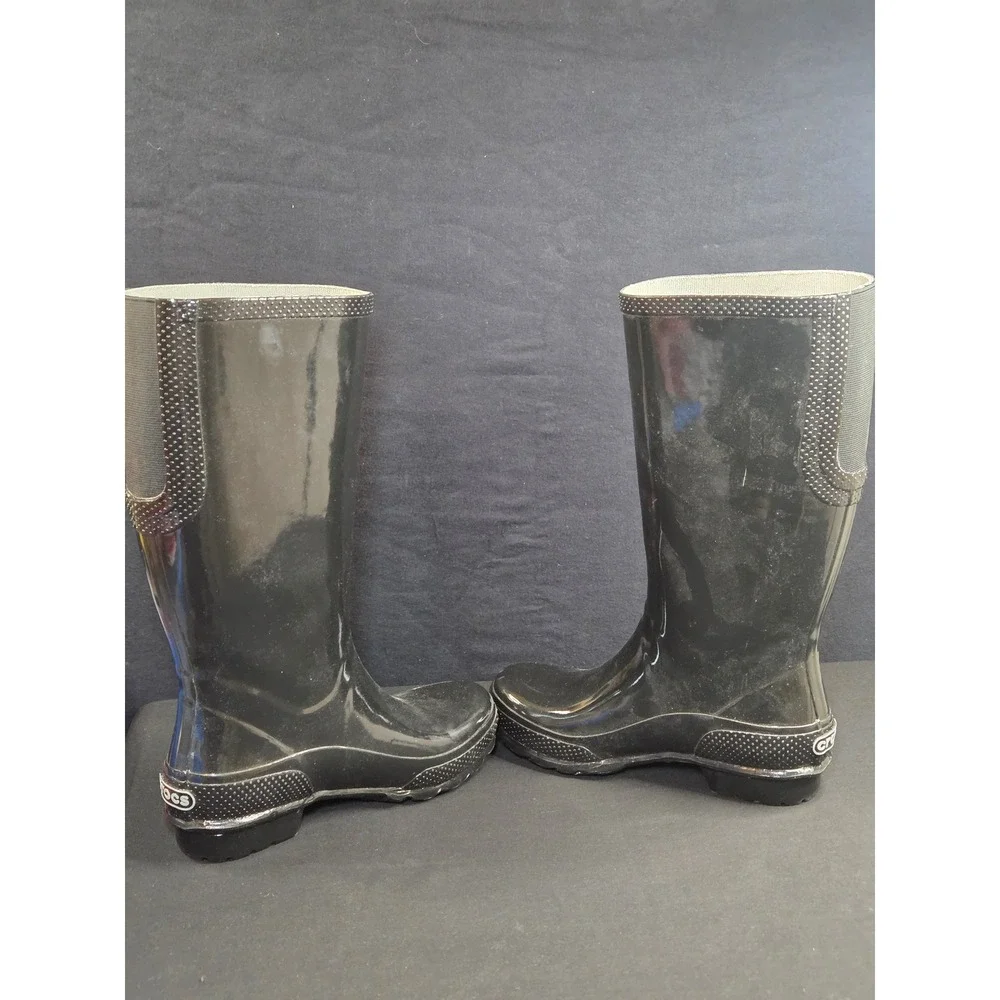 Crocs RainFloe Tall Rain Boots Black Glossy‎ Waterproof Rubber Womens 7 202198